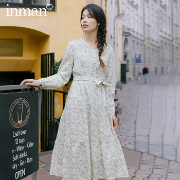 

INMAN 2020 Spring New Arrival Literary Pure and Fresh Floral Lotus Leaf Collar Nipped Waist Slimmed Long Dress
