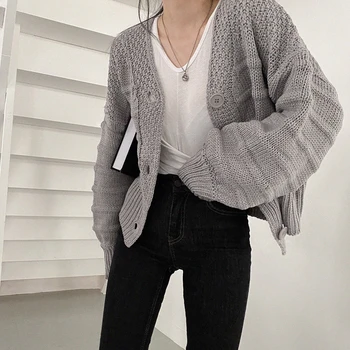 

WICCON New 2020 Autumn Winter Women's Sweaters V-Neck Buttons Cardigans Oversize Lantern Sleeve Ladies Knitwears