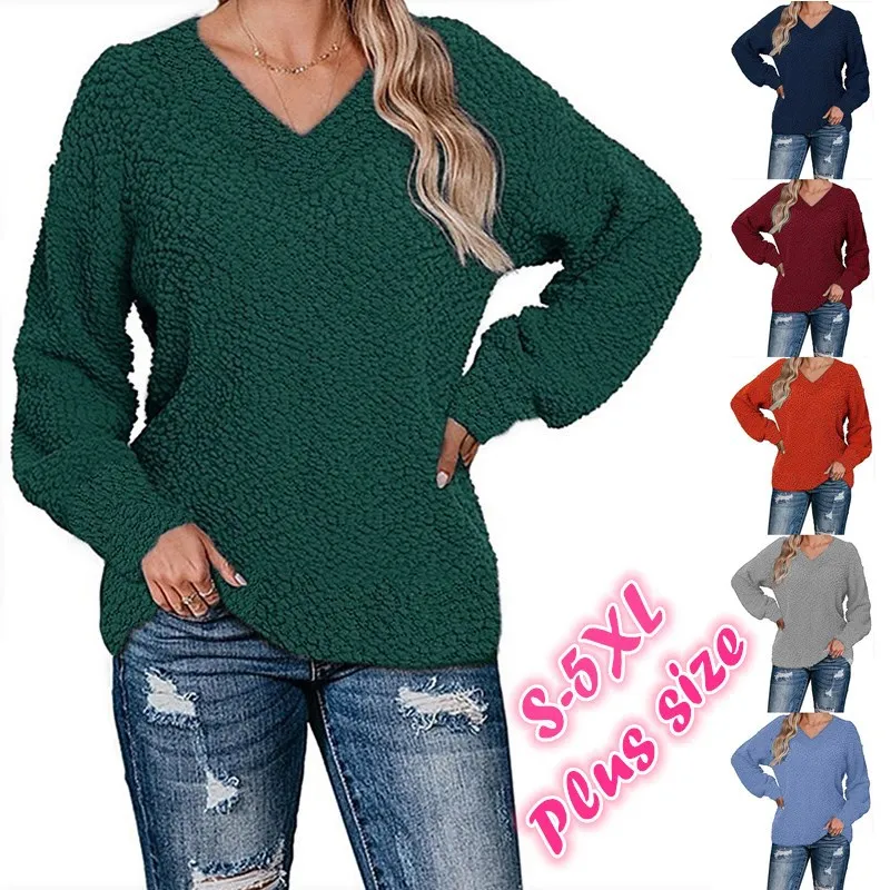 

Autumn and Winter Fashion Plush Sweater New V-neck Solid Color Plush Long-sleeved Sweater Women