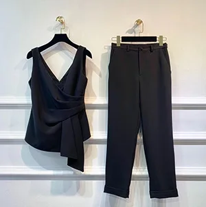 Ziwwshaoyu Модные осенние офисные черные брюки Twinset женские V Воротник рюшами без рукавов топы+ брюки комплект из двух предметов элегантный - Цвет: Черный