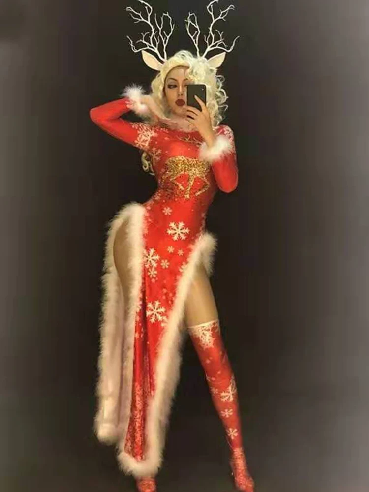 

spandex New Year Feathers Christmas dress Red Custom Open Fork Dj ds for women sexy Performance Famels custom rave festival new