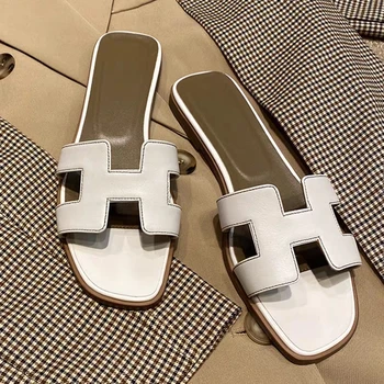 

Top Quality Designer Women Slippers Summer Shoes Genuine Leather Sandals Luxury Brand Ladies Slides Femmes Chaussures Wu02