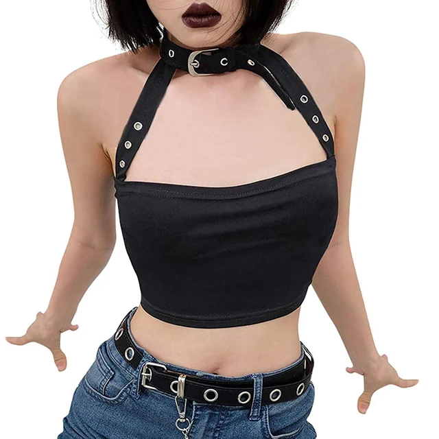 Black Gothic Punk Metal Buckle Strap Crop Corset Top for Women