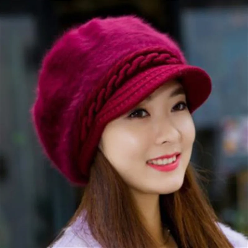 Chapeau Tricoté En Fourrure Pour Femme, élégant, Béret, Mode Skullies