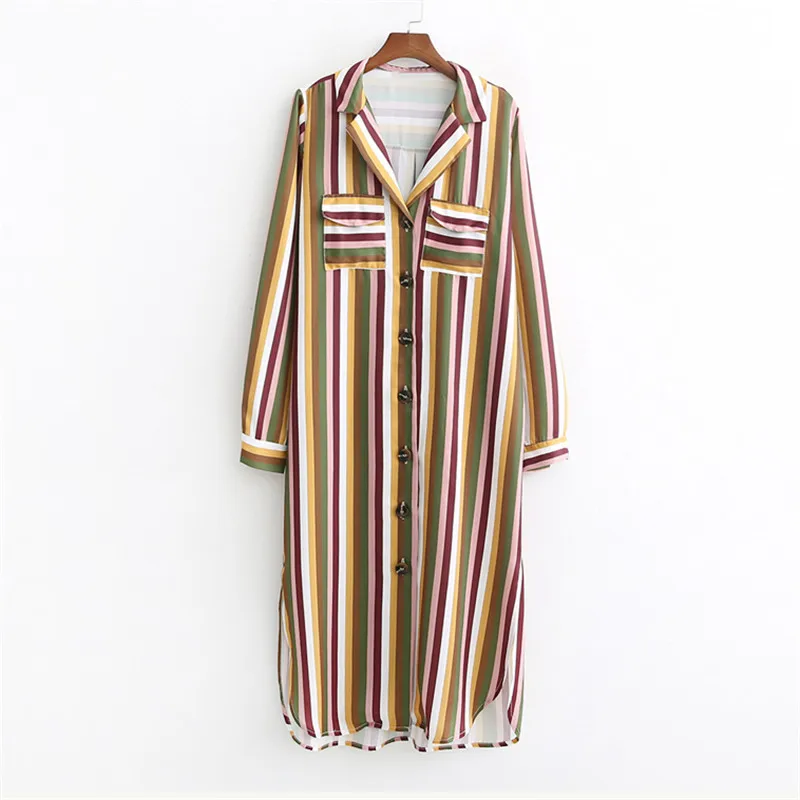 

2019 Western Style Spring And Autumn WOMEN'S Dress New Style Multi-color Stripe Pocket Decoration Dress Shirt-Style Long Skirts