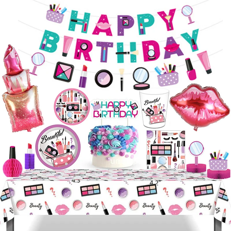 Spa hacer suministros de fiesta de cumpleaños de maquillaje vajilla desechable placas servilletas para tazas globos de fiesta decoración cenas conjunto
