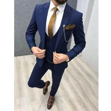 2022 Peaked Lapel Custom Made Wedding Tuxedos Slim Fit Male Suits Three Piece Royal Blue Men Suits (Jacket + Pants + Vest)