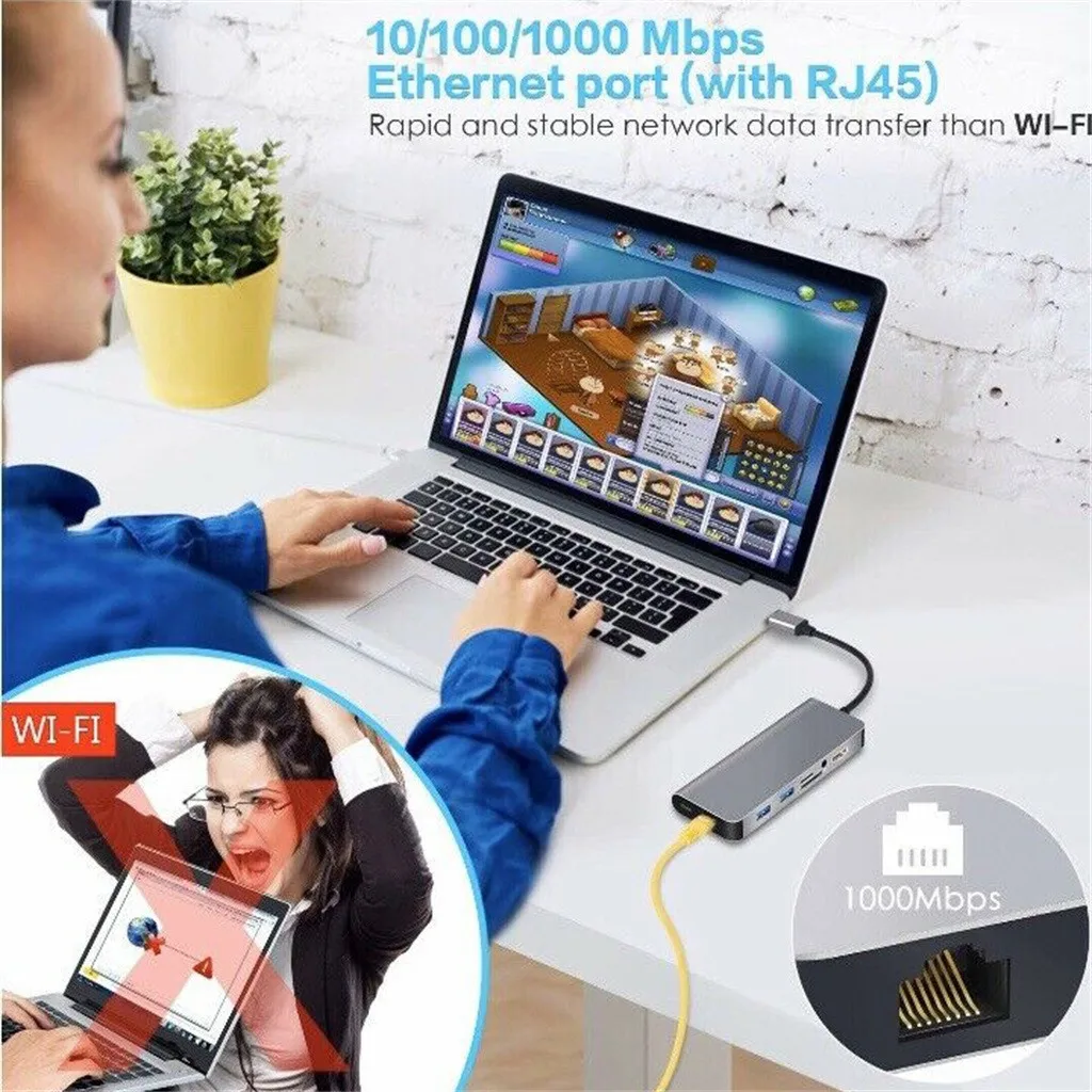 Computer Peripherals 8 In1 Usb-c To Type-c Usb3.0 Hdmi 4k Vga Rj45 Adapter Hub Multi-function Dock Компьютерная Периферия #21