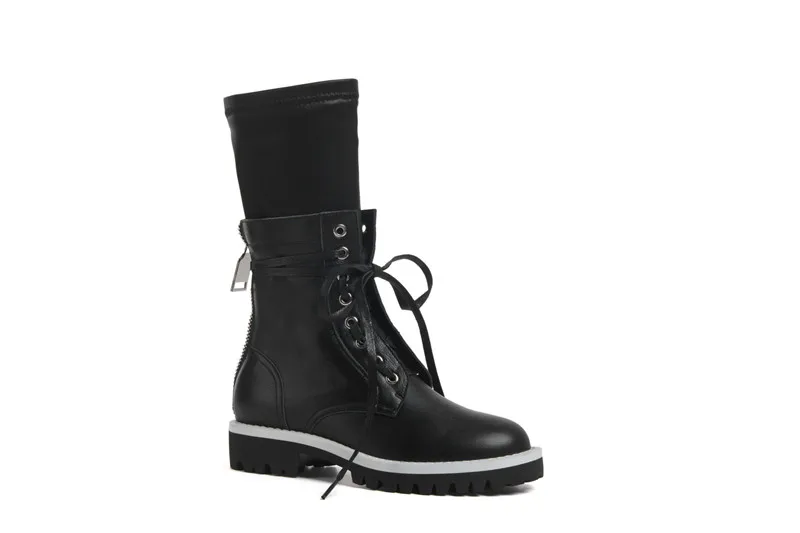 Белый MORAZORA hot sale genuine leather women boots low heel round toe buckle fashion leisure motorcycle mid calf boots - Цвет: Белый