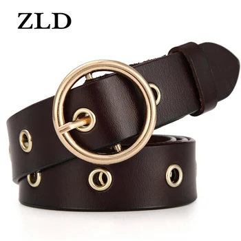 

ZLD Vintage Ladies Girl Metal Boho Pure Leather Round Buckle Belt Fashion Belt Black Red Coffee Camel Openwork pin buckle belt