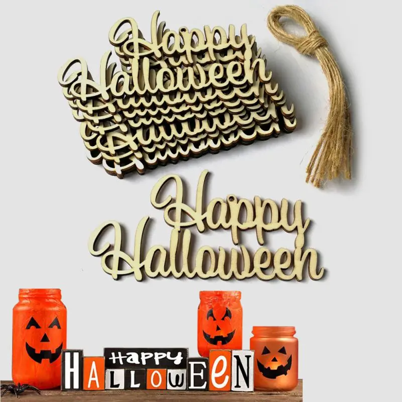 

P10pc Cute Wooden Wall Hanging Decor Cat Mat Spider Witch Letter Shape DIY Wooden Hanging Sign with Rope Halloween Decor CM