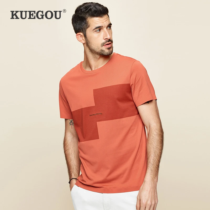 Мужская хлопковая футболка с вышивкой KUEGOU черная Футболка коротким рукавом