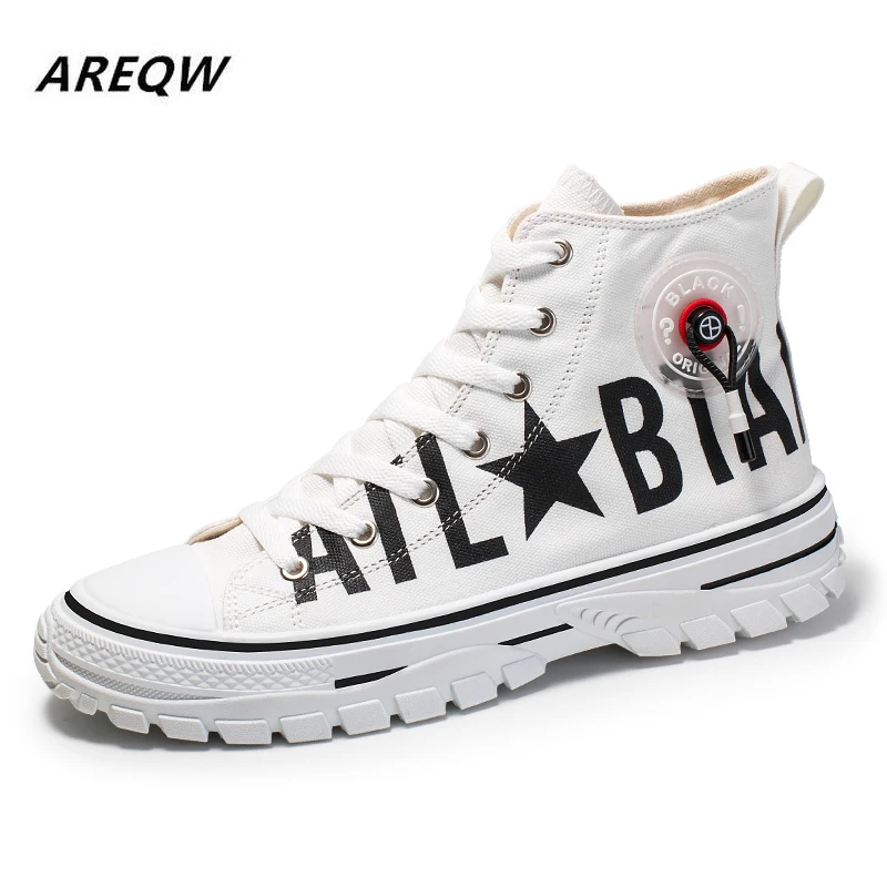 

Simple Men's Canvas Flat Casual Shoes Spring and Autumn Breathable Sneakers High To Help Color Matching Lace Fashion 2019