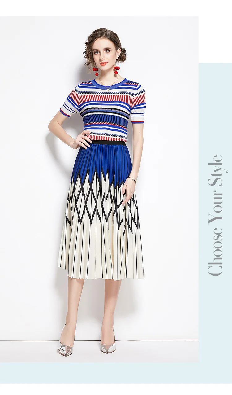 New Arrival Summer Stripe Knit Tops and Printed A-line Long Skirt Two piece Sets Women Runway Design Fashion Knit Set Suit