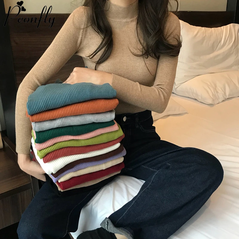

PEONFLY Women Solid Knitted Sweater And Pullovers Turtleneck Casual Sueter Mujer Tops Ladies Long Sleeve Sweet Korean Jumper