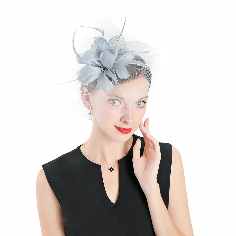 Fascinators Gray Wedding Pillbox Hat For Women Polyester Feather Flower With Veil Fedora Vintage Ladies Church Banquet Party Hat