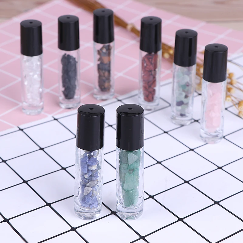 1pc 10ml Crystal Chips Inside Nature Crystal Stone Essential Oil Gemstone Roller Ball Bottles Transparent Glass
