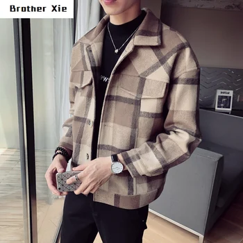 

Winter New Short Woolen Coat Men Fashion Retro Casual Plaid Jacket Man Streetwear Wild Loose Woolen Jacket Male Clothes M-2XL