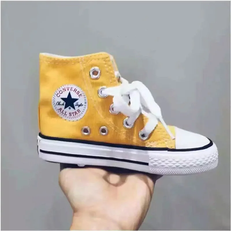 Дети Мальчики Девочки Аутентичные классические Allstar Chuck-Taylor Ox Низкая Высокая Детская текстильная обувь Детские повседневные кроссовки - Цвет: Yellow High