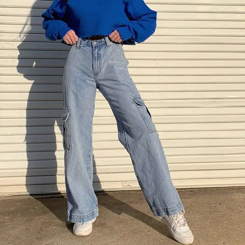 Большие карманы прямые мешковатые джинсы женские уличные Высокая талия широкие брюки повседневные свободные брюки карго