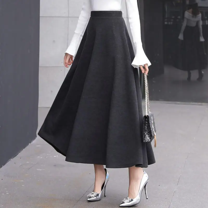 Dark grey Skirt Осенне-зимняя Длинная шерстяная юбка женские юбки Повседневные винтажные юбки с высокой талией Saia теплые плотные свободные трапециевидные юбки для женщин s Q1917 - Цвет: Dark grey Skirt