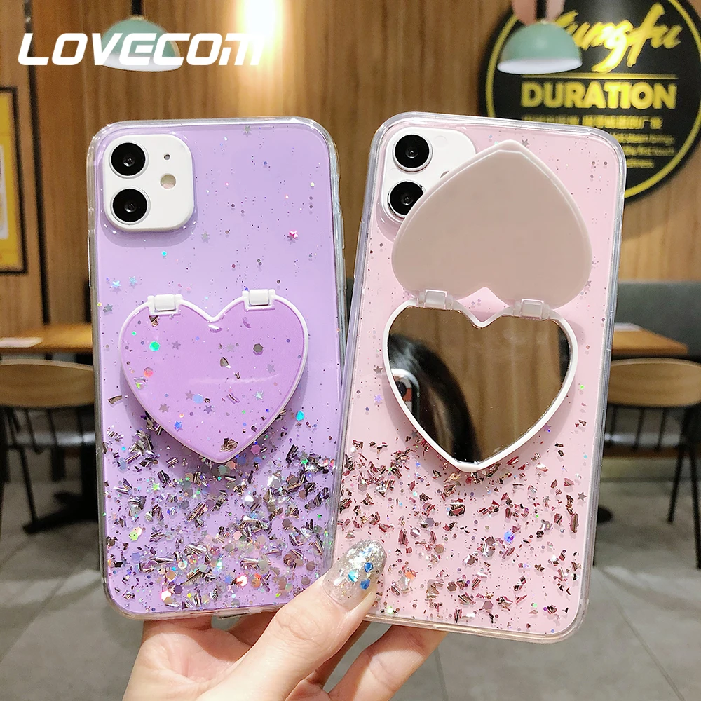 LOVECOM Herz Make-up Spiegel Pailletten Glitzer Handyhülle für iPhone 13 12 11 14 Pro Max XR X XS Max 7 8 Plus Weiche Epoxidharz-Abdeckung_voghion.com