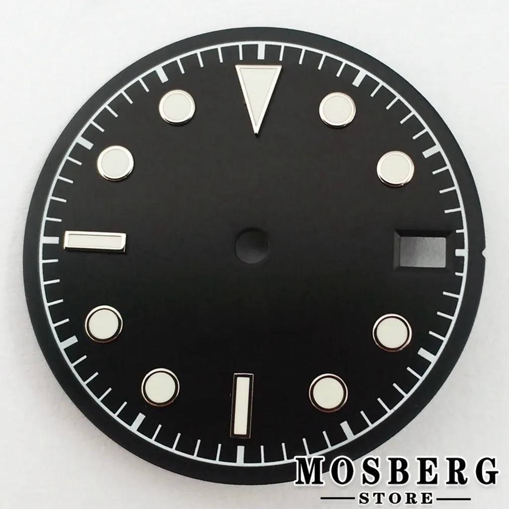 Sterile Luminous Black and Green Watch Dial with Date Window and Hands - 28.5mm