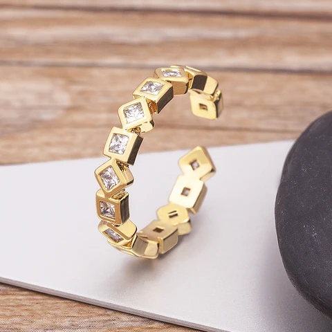 Fashion Hip-Hop Women Copper Zircon Personality Simple Gold Color Open Adjustable Ring Cube Accessories Connection Jewelry
