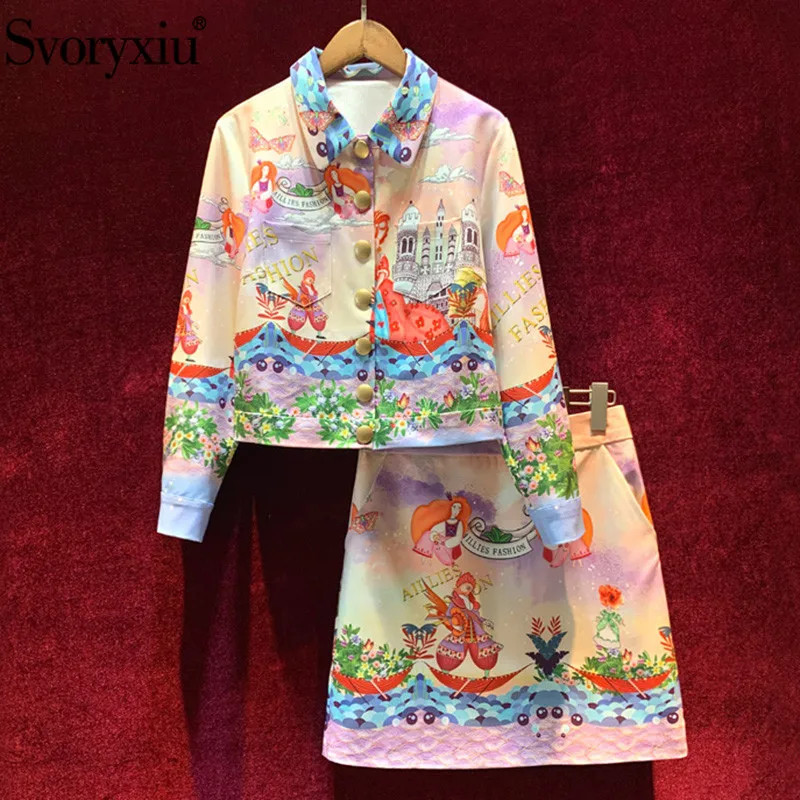 

Svoryxiu luxury Runway Autumn Winter Skirt Suit Women's Fashion Colorful letter Cartoon Printed Jackets Two Piece Set Female