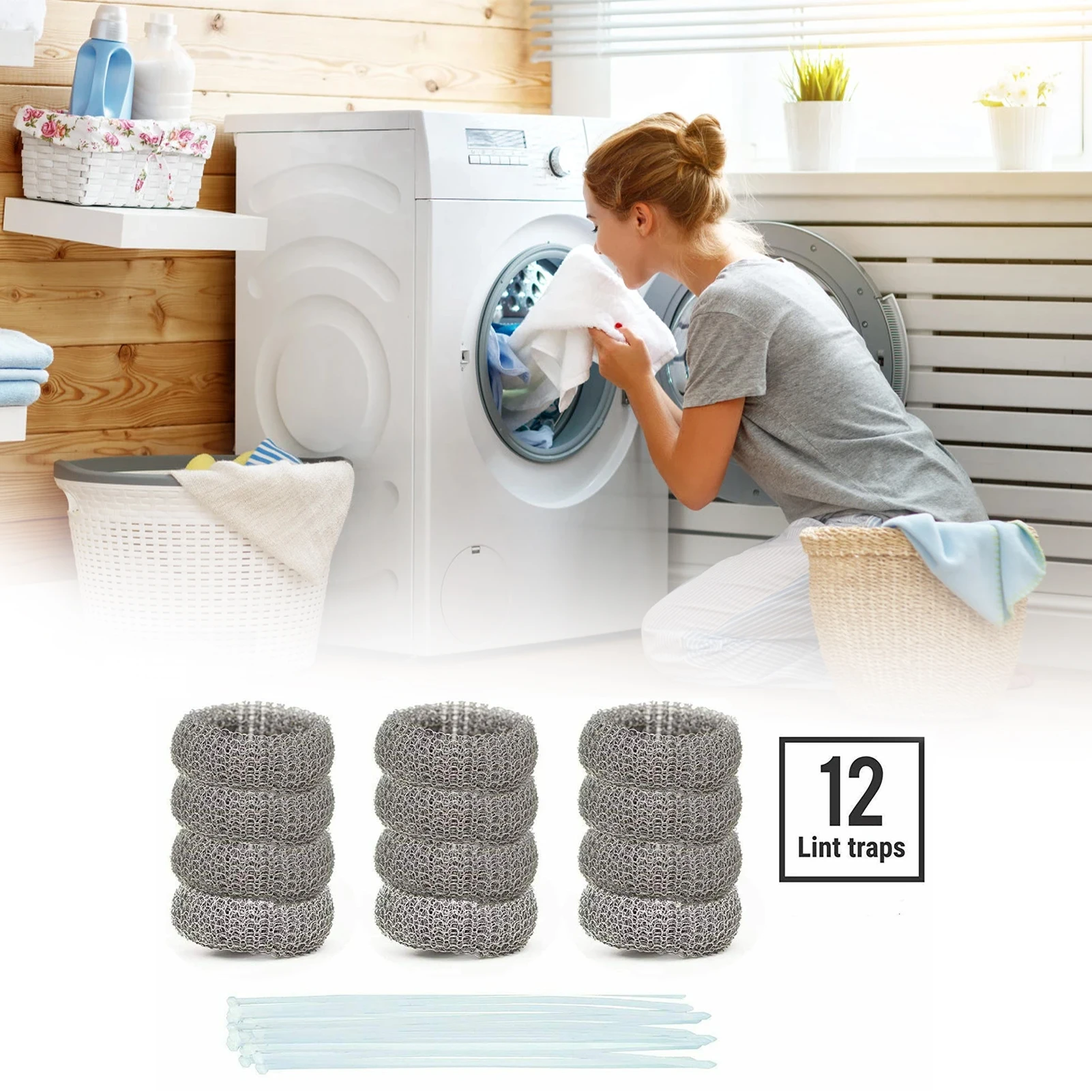 Laundry Hair Catcher 12Pcs Lint Traps with 12 Ties Attach to Washer Sink Hose Stainless Steel Lint Catcher From Clogging Washing Machine Tools
