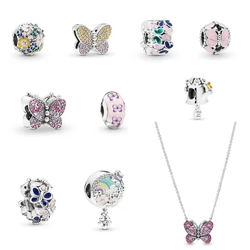 

100% 925 sterling silver spring 2019 vase pink butterfly beaded necklace with gasket for matching charm bracelet