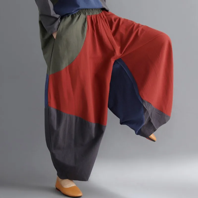 

2021 New Arrival Spring/autumn Women Cotton Patchwork Ankle-length Pants Casual Loose Elastic Waist Wide Leg Pant W738