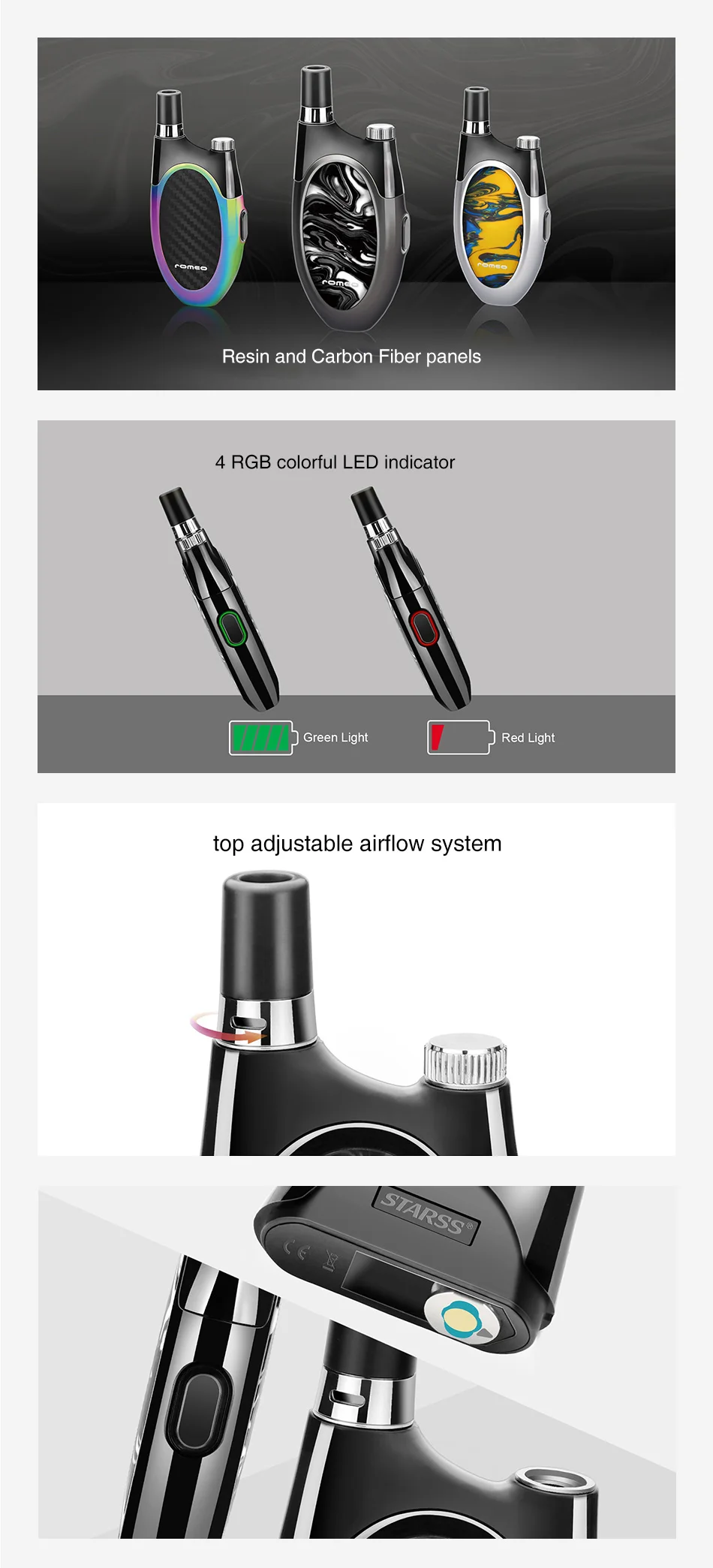 Комплект системы Starss Romeo Pod, аккумулятор 1200 мАч и 2 мл Pod и 4 RGB, Красочный светодиодный комплект электронной сигареты Vape Pod vs Drag Nano/Vinci Kit