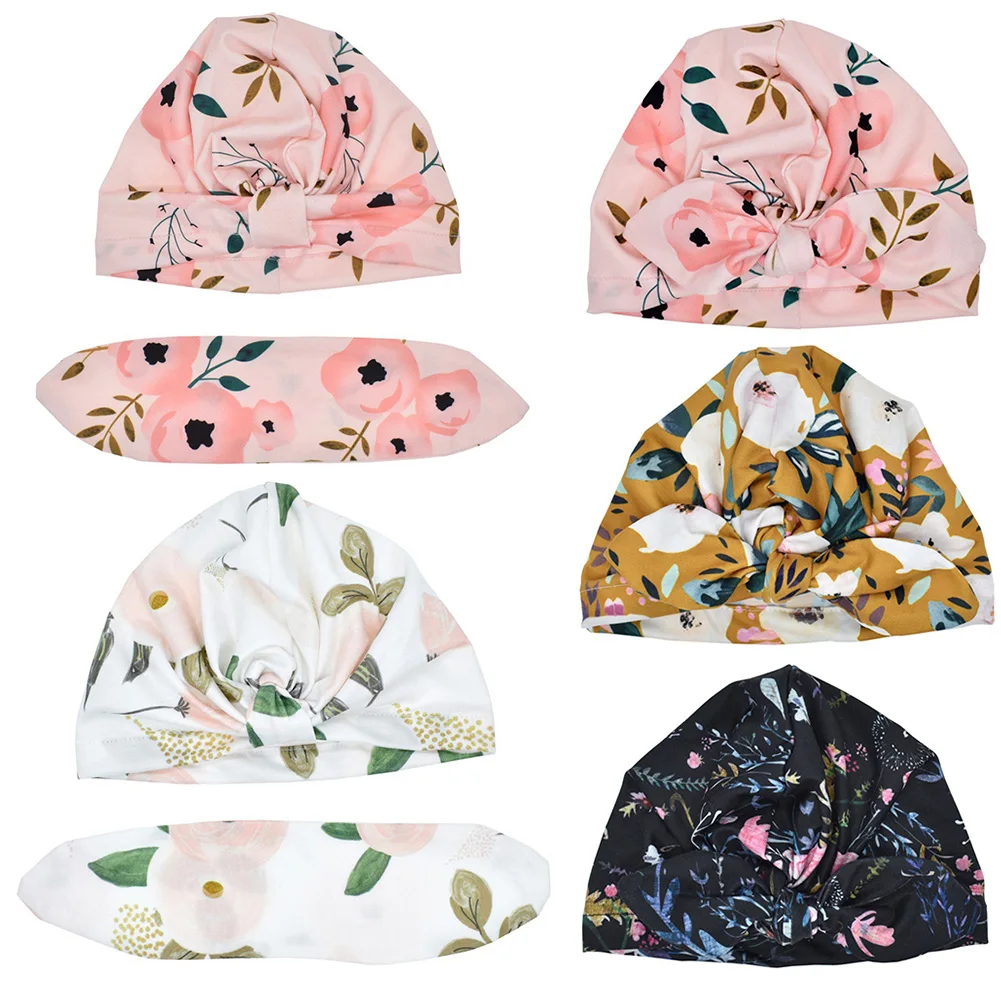 Осень Кепки весна Beanies turban аксессуары для новорожденных и малышей подарок с милыми заячьими ушками; детская шапка; шапка в Цветочный принт удобные бантом, Детские футболки для девочек