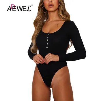 

ADEWEL Red Sexy Long Sleeve Bodysuits Women 2020 Autumn Winter Black Slim Button Bodycon Jumpsuits Rompers Ladies Bodysuit Tops