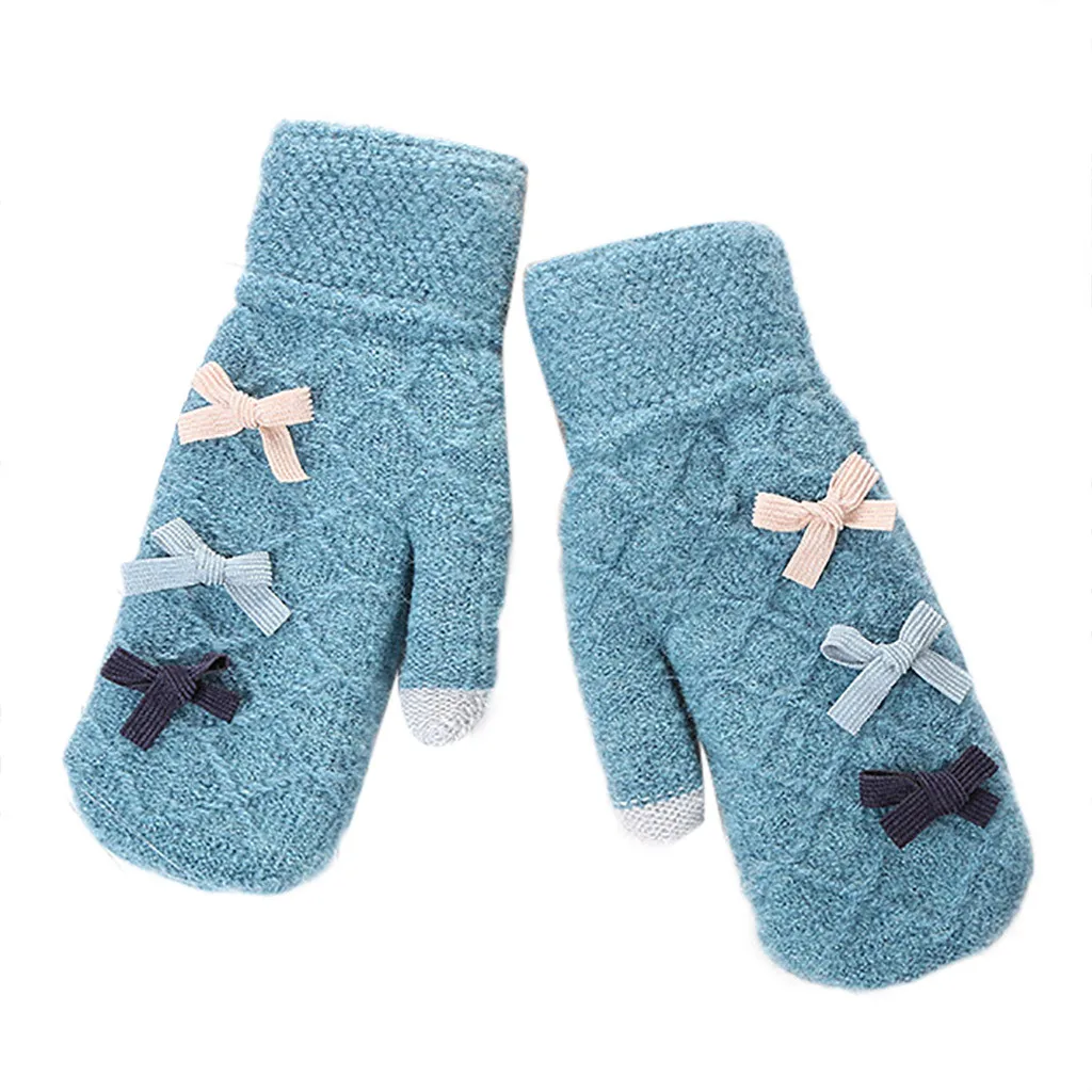 Blue Однотонные женские перчатки без пальцев, женские вязаные крючком мягкие теплые Дамская варежка, многофункциональные Зимние перчатки для верховой езды с бантом - Цвет: Blue