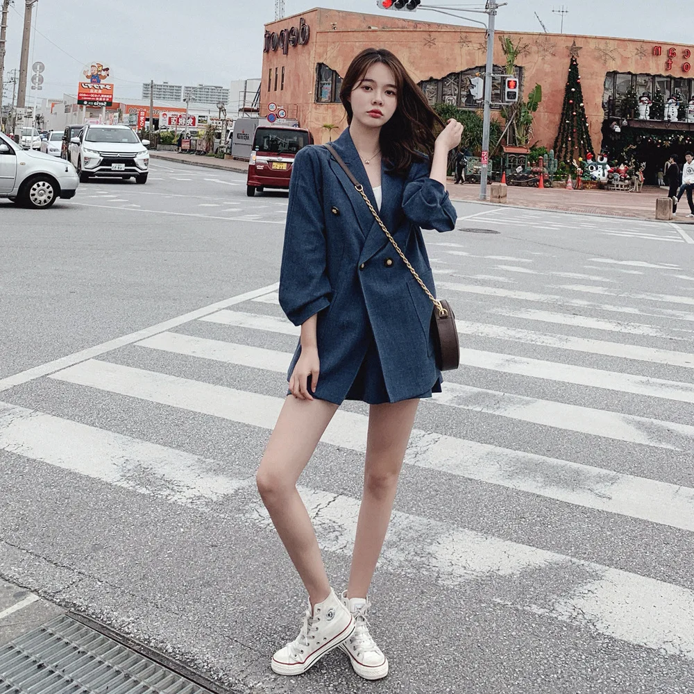 

Photo Shoot 2019 Spring New Style Korean-style WOMEN'S Wear Retro CHIC-Style Suit Jacket Wide-Leg Shorts Two-Piece Set