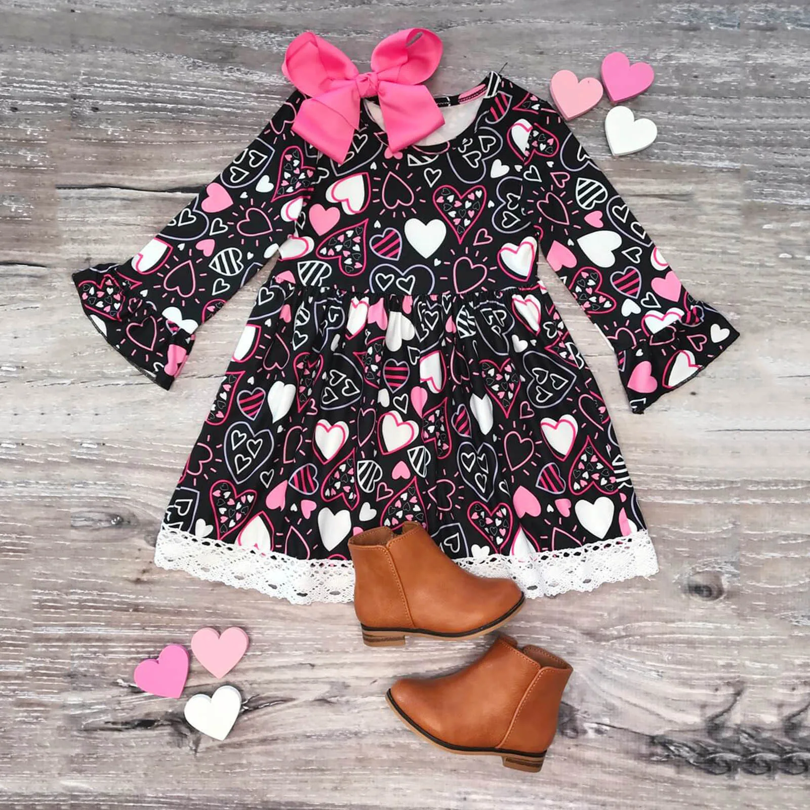 

6Months-4Years Toddler Kids Baby Girls Long sleeve warm Fashion Valentine's Day Love Heart Lace Princesses Dress ropa de bebÃ© M4