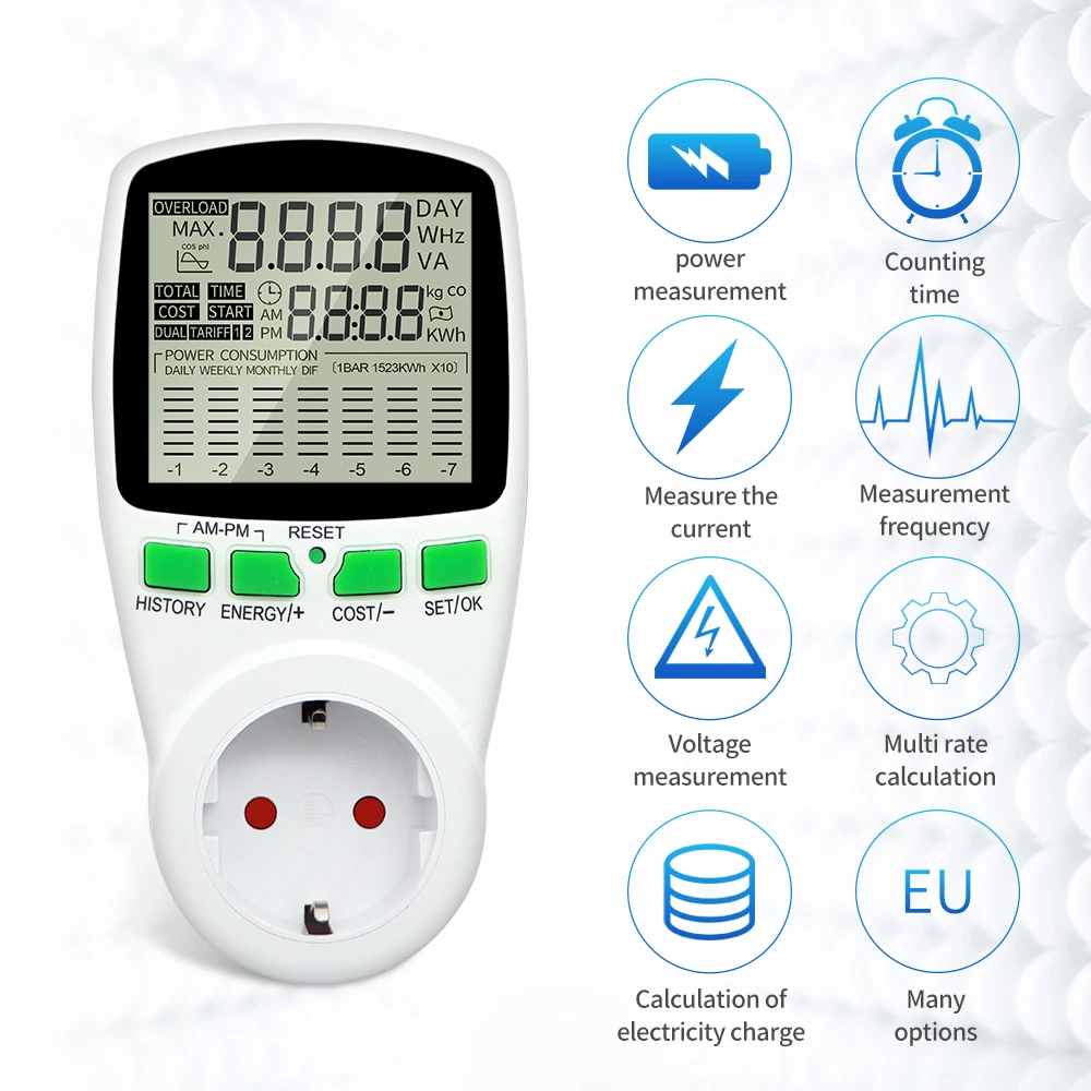 Power Meter Digital LCD Energy Watt Meter Wattmeter Wattage Electricity Kwh Power Monitor Electric Meter Measuring Outlet Power Analyzer