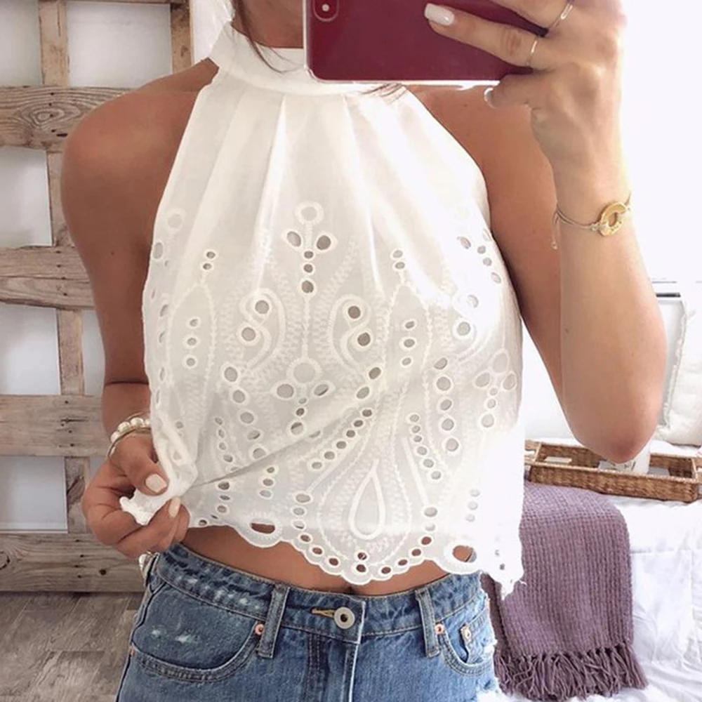 Women Sexy Lace Off shoulder Camisole Hollow Out Tank Bandage Crop Top Sleeveless T-Shirt Casual Fashion Female Summer New