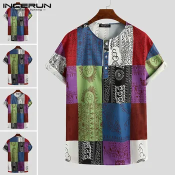 

Men Ethnic Printed Shirt Short Sleeve Turn Down Collar Shirt Man Vintage Button Blouse Casual Summer Hawaiian Beach Tops INCERUN