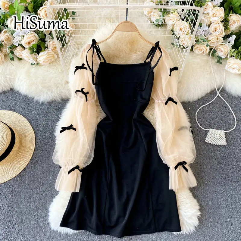 

2024 spring summer new women strap slash neck bow gauze puff sleeve A-line dress female Chic elegant waist party dresses