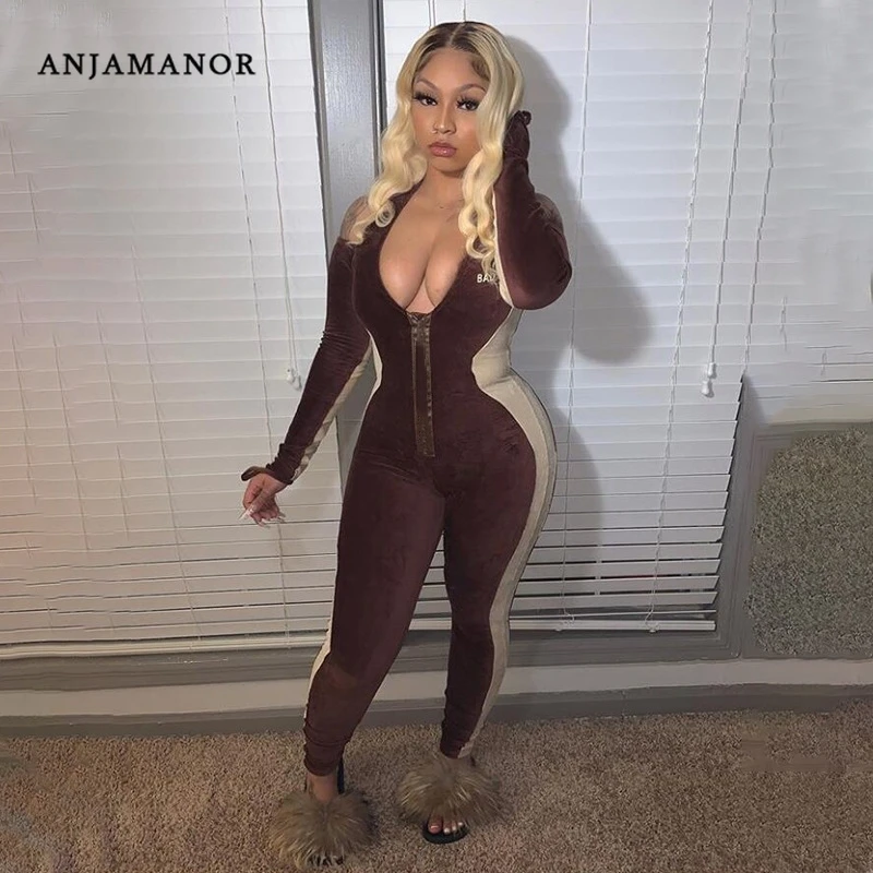 ANJAMANOR Brown Ribbed Knitted V Neck Long Sleeve Jumpsuits for Women 2020 Fall Clothes Bodycon Tracksuit Sexy Clubwear D37-DE42 | Женская