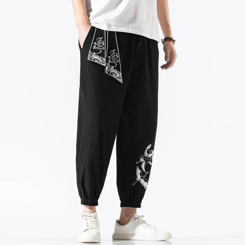 

2020 Spring New Style Cotton Linen Embroidery Plus-sized Harem Pants Men Casual Capri Pants