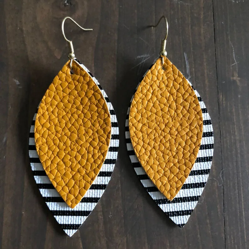 

Double Layer Glitter Leopard Faux Leather Teardrop Leaf Earrings Black And White Striped Layered Fashion