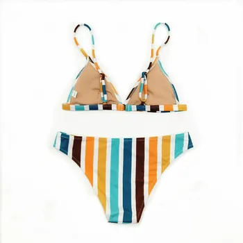 

#Z45 Women's Swimwear Rainbow Striped Print Swimsuit Bikini Set Bandage Tankini Bikini Set Beachwear Bathing Suit Women
