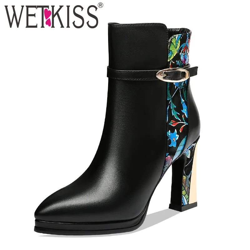 

WETKISS High Heels Metal Ankle Boots Women Cow Leather Platform Booties Print Shoes Female Retro Pointed Toe Shoes Ladies Winter