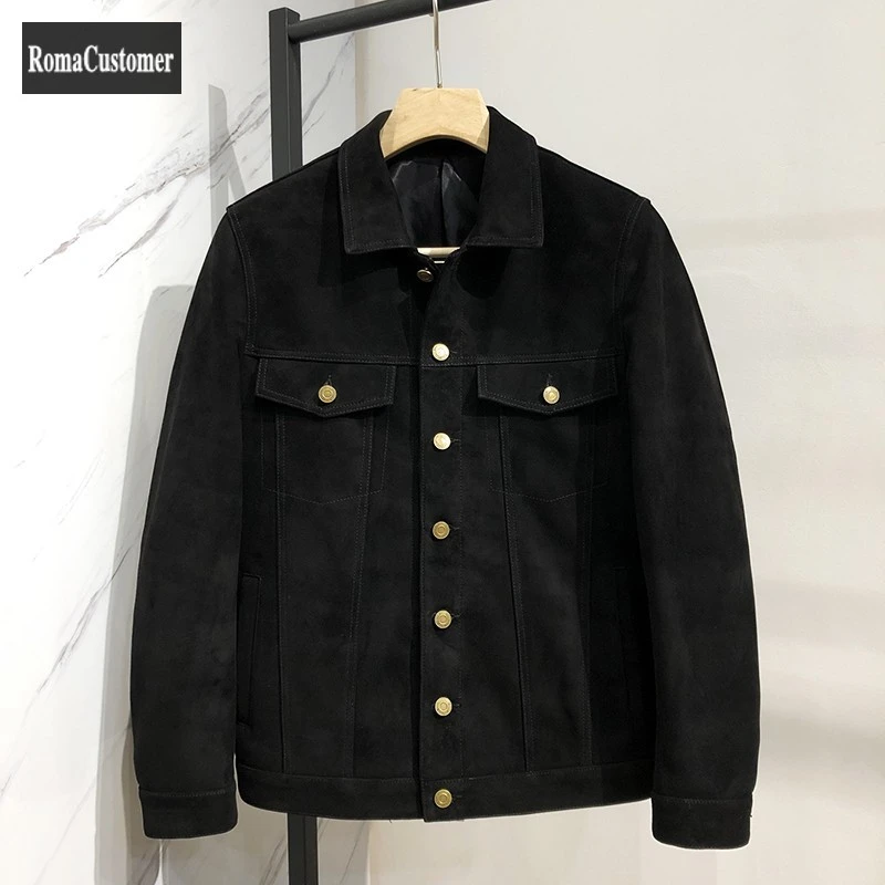 Autumn Winter New Mens Kid Suede Genuine Leather Biker Jacket Turn-Down Collar Short Slim Outerwear Single Breasted Coat men's genuine leather coats & jackets
