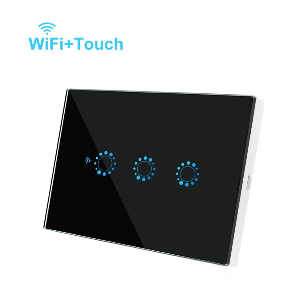 Wifi Защитное стекло для смартфонов панель сенсорный светильник переключатель 90 V-250 V AC стандарт США современный настенный сенсорный переключатель работает с Alexa Google - Цвет: Black US 3 Gang