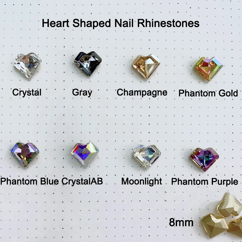 

8mm Heart Nail Art Rhinestone Accessories Sharp Bottom k9 Glass Stone Fashion Phantom 3D Fingernail DIY Decoration 2020 new100pc